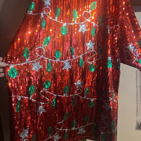 Red Sequin Holiday Shirt Dress with Lights Design 2x/3x - Picture 3 of 4